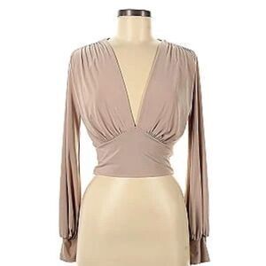 21 Saints Women's Plunging V-Neck Long Sleeve Crop Top Blouse Tan Beige‎ Large